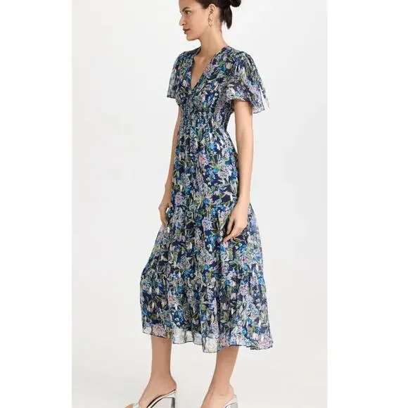 SHOSHANNA Midnight Lenora Midi Dress Navy Silver Multi Floral Smocked Tuckernuck - Picture 4 of 8